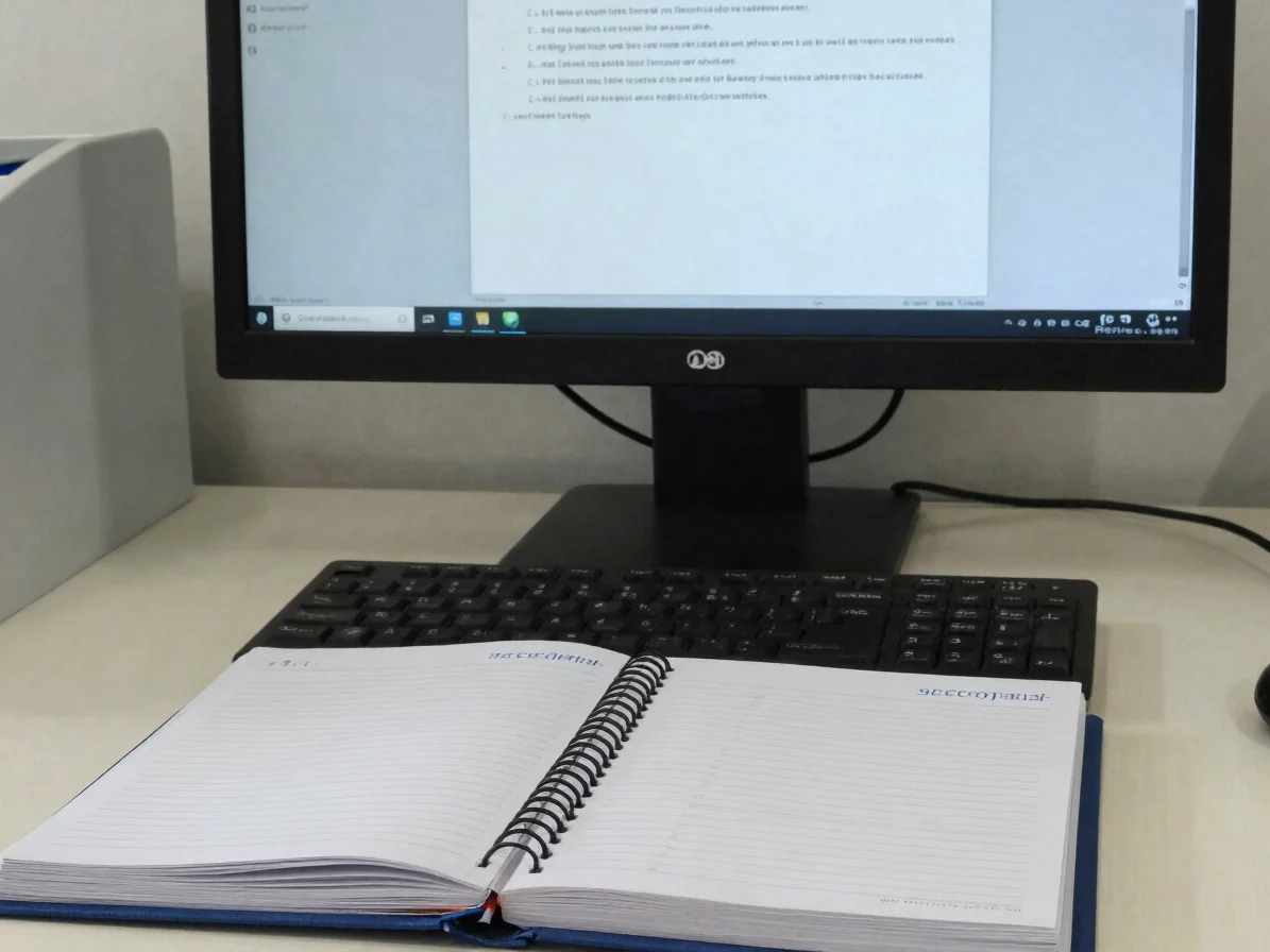 Gestes de secrétariat devant un agenda papier et un écran de prise de rendez-vous, bureau sobre, lumière naturelle diffu