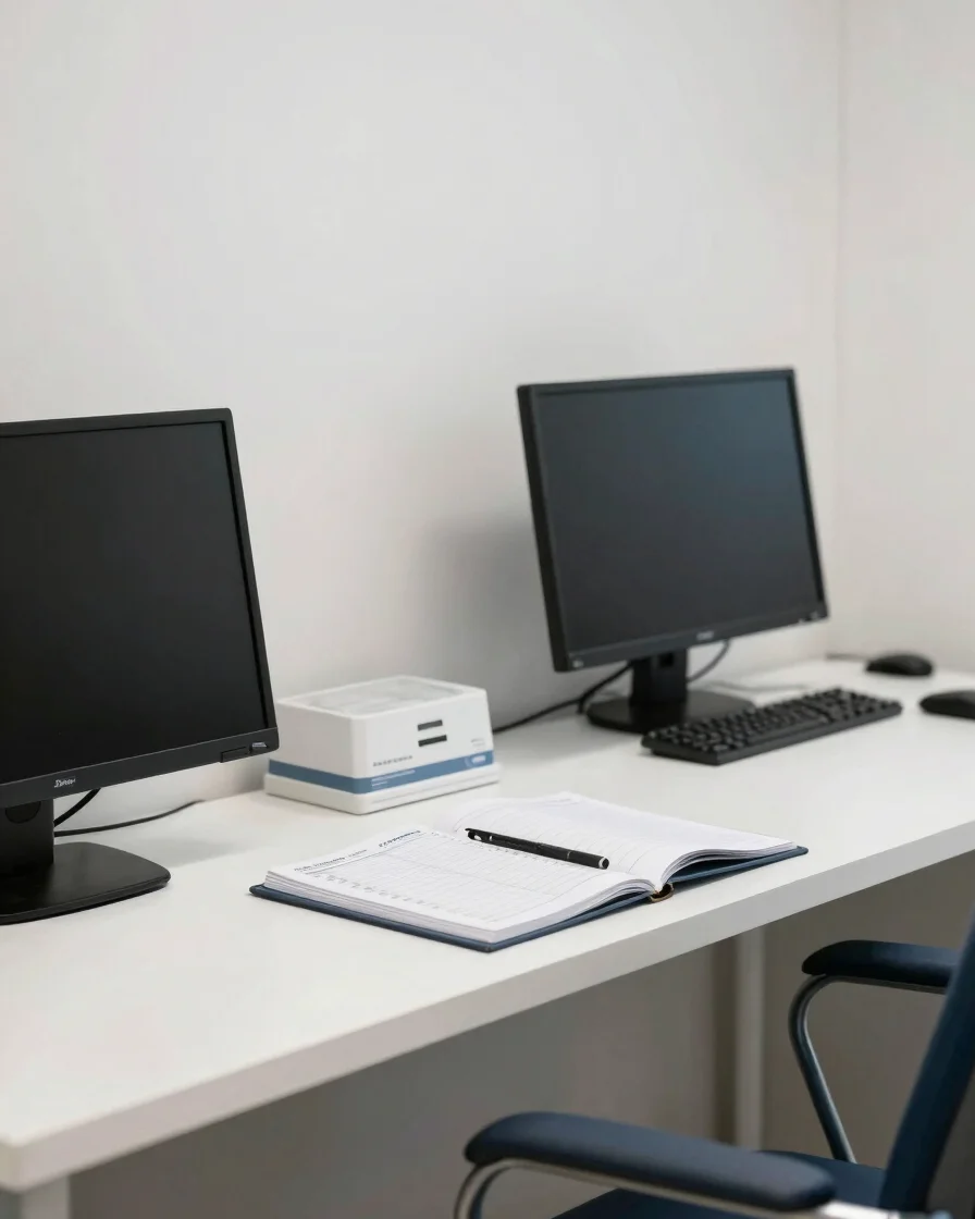 Intérieur de cabinet médical ordonné, poste de travail avec ordinateur ouvert sur un agenda, lumière naturelle douce, to